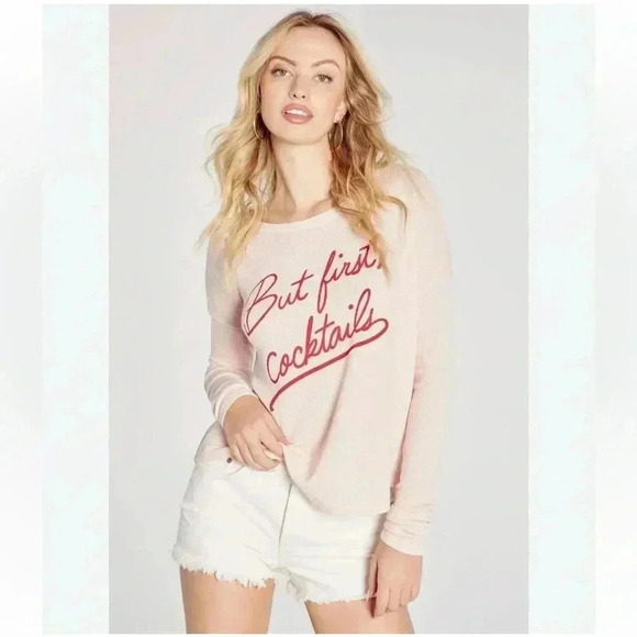 Wildfox Henley But First Cocktails Statement Long Sleeveve Pullover Sweater Sz M - Picture 1 of 12